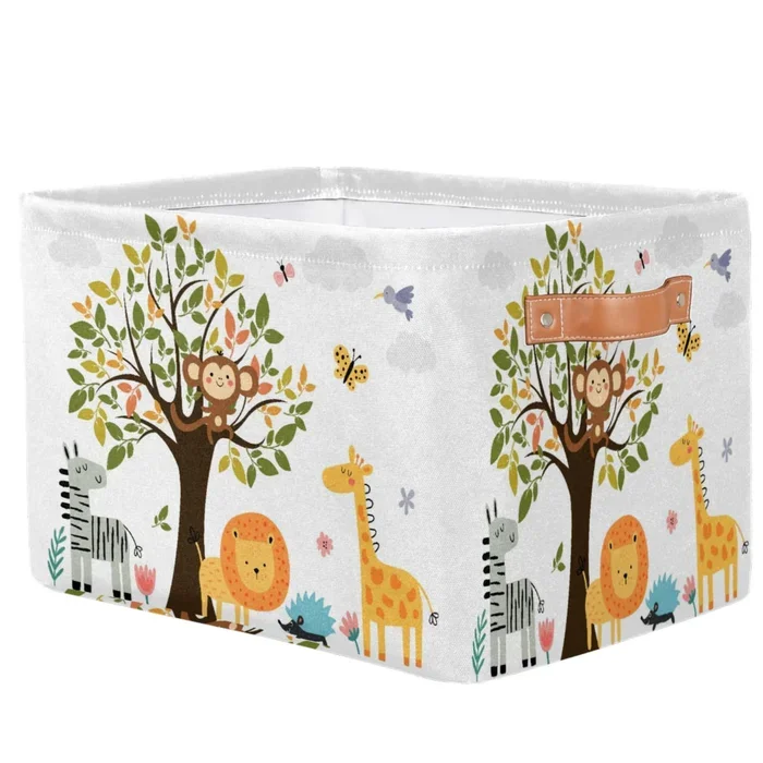 Jungle Animals Lion Giraffe Rectangle Storage Basket with Leather Handle – Cute Zebra Monkeys Collapsible Nursery Hamper Toy Box Book Shelf Baskets – Clothes Storages Cube Bins Organizer Room Decor