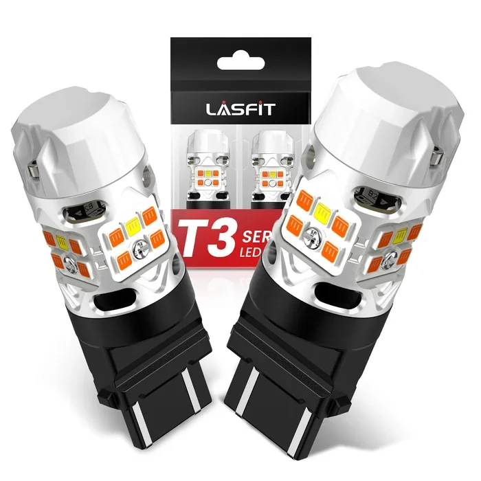 LASFIT 3157 LED Bulb Switchback 3057 4157 White Amber T3 Series CANBUS Anti Hyper Flash Front Turn Signal DRL Parking Light New 500% Bright, Only for Standard Socket (Pack of 2)