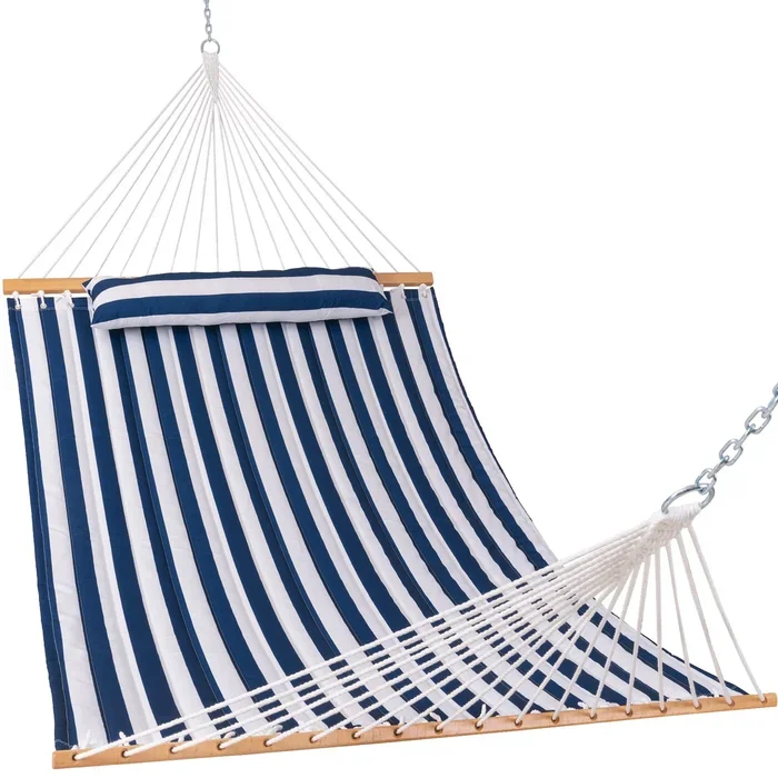 Lazy Daze 12 FT Quilted Double Hammock with Spreader Bar, 2-Person, 450 lbs Capacity, Blue White
