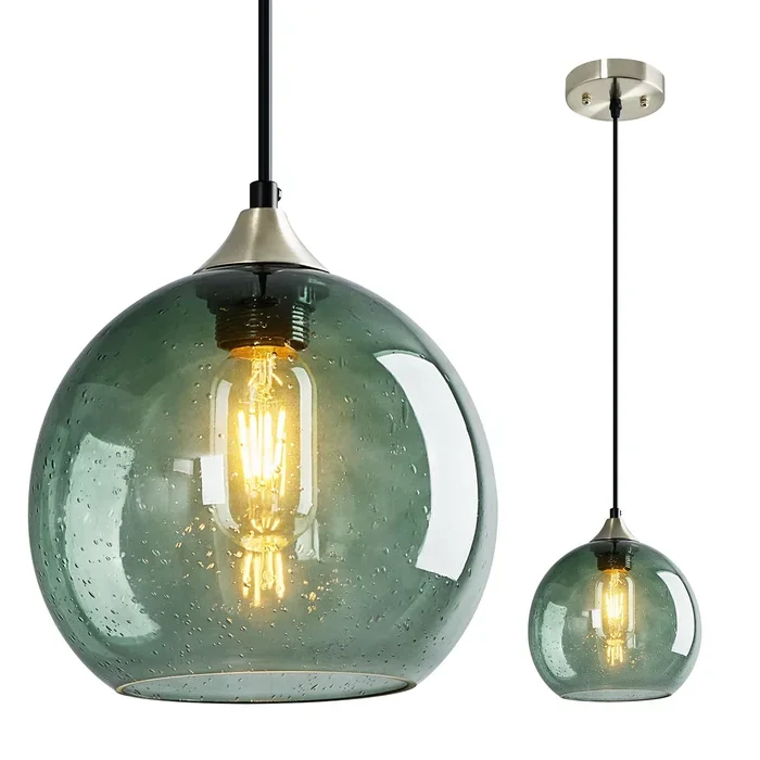 LBSQJ Gray Green Glass Pendant Lights Kitchen Island Lighting Globe Pendant Light Fixtures Modern Pendant Lighting for Kitchen Island Bedroom Living Dining Room Light Fixture(7.87in, 1-Pack)
