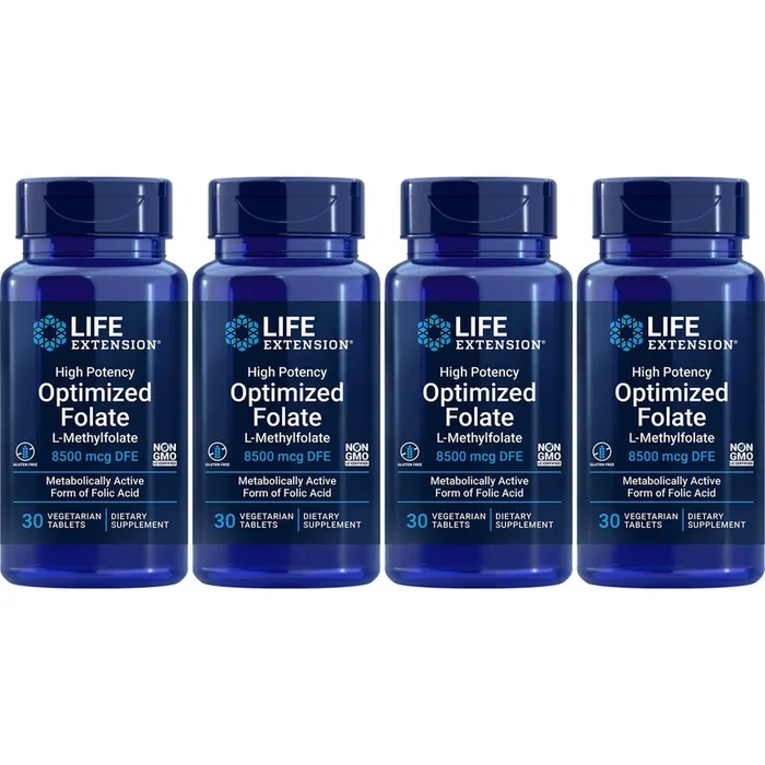 Life Extension High Potency Optimized Folate 8500 mcg DFE, 30 Vegetarian Tablets (Pack of 4)