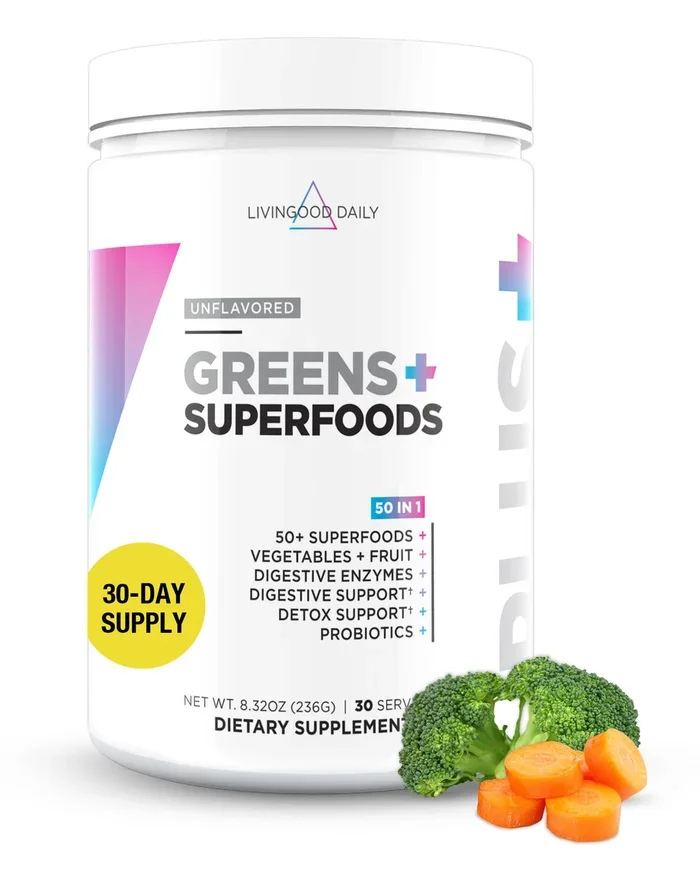 Livingood Daily Greens & Superfood Powder, Super Greens for Gut Health, Green Juice Powder with Spirulina, Chlorella, and Digestive Enzymes, Probiotics for Digestive Support, Unflavored, 30 Servings