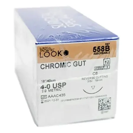 LOOK – Suture with Needle Absorbable Uncoated Undyed Suture Chromic Gut Size 4 – 0 18 Inch Suture 1-Needle 19 mm Length 3/8 Circle Reverse Cutting Needle – 558B