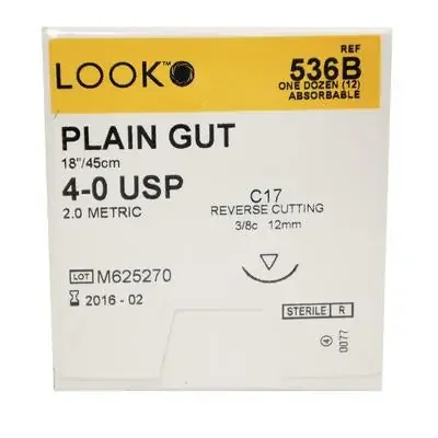LOOK – Suture with Needle Absorbable Uncoated Undyed Suture Plain Gut Size 5 – 0 18 Inch Suture 1-Needle 19 mm Length 3/8 Circle Reverse Cutting Needle – 500B