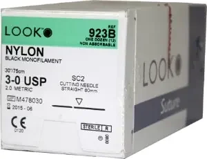LOOK – Suture with Needle Nonabsorbable Uncoated Black Suture Monofilament Nylon Size 3 – 0 30 Inch Suture 1-Needle 60 mm Length Straight Conventional Cutting Needle – 923B