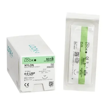 LOOK – Suture with Needle Nonabsorbable Uncoated Black Suture Monofilament Nylon Size 4 – 0 10 Inch Suture 1-Needle 12 mm Length 3/8 Circle Reverse Cutting Needle – 931B