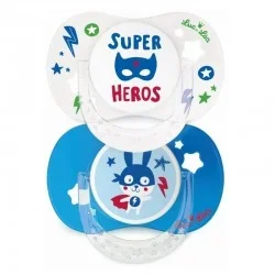 Luc et Léa 2 Sucettes Silicone Anatomiques avec Anneau +18 Mois “Super Héros et Lapin”