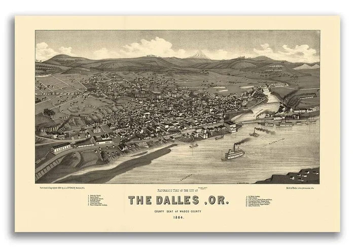 Magnet 1884 The Dalles Oregon Vintage Old Panoramic City Map Magnet Vinyl Magnetic Sheet for Lockers, Cars, Signs, Refrigerator 5″