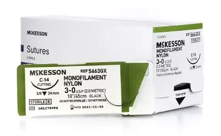 McKesson – Suture with Needle Nonabsorbable Uncoated Black Suture Monofilament Nylon Size 3 – 0 18 Inch Suture 1-Needle 24 mm Length 3/8 Circle Reverse Cutting Needle – S663GX