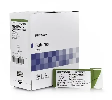 McKesson – Suture with Needle Nonabsorbable Uncoated Black Suture Monofilament Nylon Size 5 – 0 18 Inch Suture 1-Needle 12 mm Length 3/8 Circle Reverse Cutting Needle – S913BX