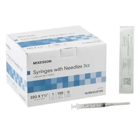 McKesson – Syringe with Hypodermic Needle 3 mL 22 Gauge 1-1/2 Inch Thin Wall NonSafety – 16-SN3C22105