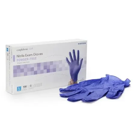 McKesson Confiderm 3.0 – Exam Glove Large NonSterile Nitrile Standard Cuff Length Textured Fingertips Blue Not Chemo Approved – 14-6N36EC