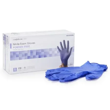 McKesson Confiderm 3.0 – Exam Glove X-Large NonSterile Nitrile Standard Cuff Length Textured Fingertips Blue Not Chemo Approved – 14-6N38