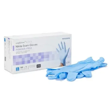 McKesson Confiderm 6.5CX – Exam Glove Large NonSterile Nitrile Extended Cuff Length Textured Fingertips Blue Chemo Tested – 14-678C