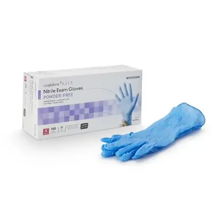 McKesson Confiderm 6.5CX – Exam Glove Small NonSterile Nitrile Extended Cuff Length Textured Fingertips Blue Chemo Tested – 14-674C
