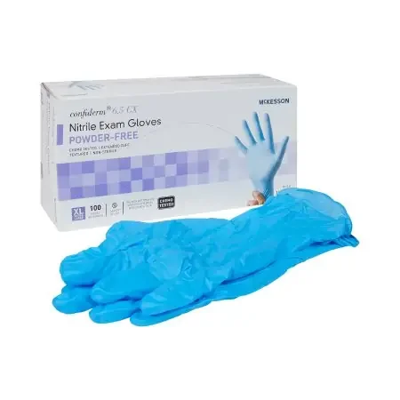McKesson Confiderm 6.5CX – Exam Glove X-Large NonSterile Nitrile Extended Cuff Length Textured Fingertips Blue Chemo Tested – 14-680C