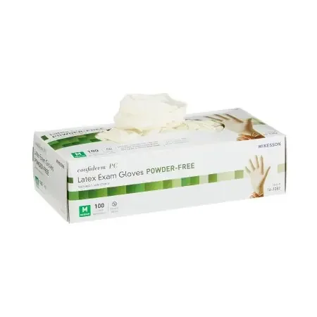 McKesson Confiderm – Exam Glove Medium NonSterile Latex Standard Cuff Length Textured Ivory Not Chemo Approved – 14-1382