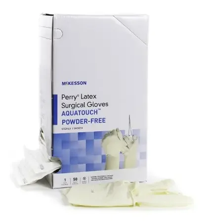 McKesson Perry Performance Plus AquaTouch – Surgical Glove Size 8.5 Sterile Pair Latex Extended Cuff Length Smooth Cream Not Chemo Approved – 20-1285N