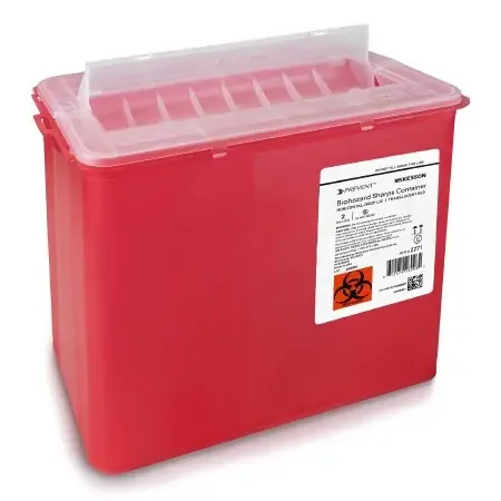McKesson Prevent – Sharps Container 9-1/4 H X 10 W X 6 D Inch 2 Gallon Translucent Red Base / Translucent Lid Horizontal Entry Counter Balanced Door Lid – 2271