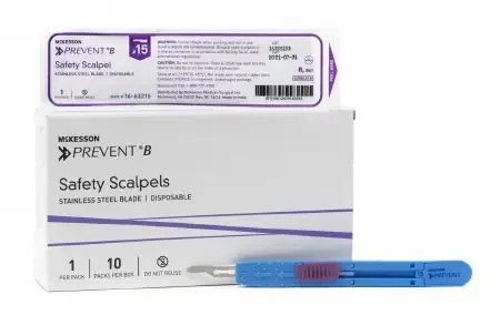 McKesson Prevent B – Safety Scalpel No. 15 Stainless Steel / Plastic Sensory Grip Handle Sterile Disposable – 16-63215