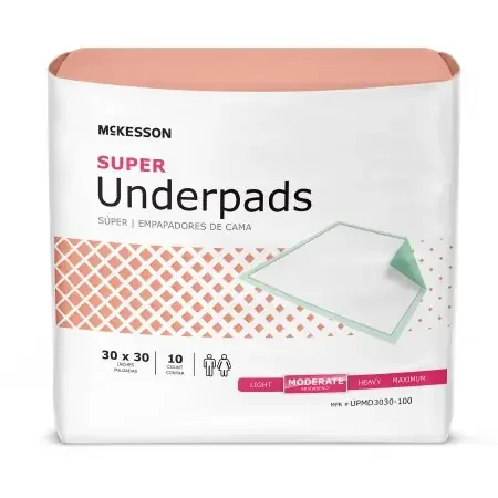 McKesson Super – Underpad 30 X 30 Inch Disposable Fluff / Polymer Moderate Absorbency – UPMD3030-100