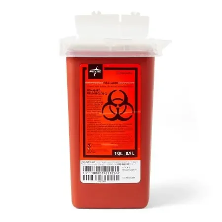 Medline – Sharps Container 7.025 H X 4.05 W X 4.05 L Inch 1 Quart Red Base / Translucent Lid Vertical Entry 2 Hinged Snap On Lid – MDS705110