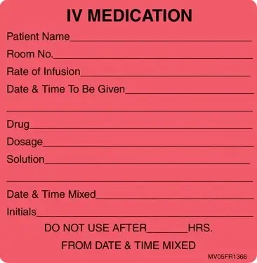 MedVision – Pre-Printed Label Advisory Label Fluorescent Red Paper IV Medication Added Black Medication Instruction 2-7/16 X 2-1/2 Inch – MV05FR1366