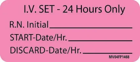 MedVision – Pre-Printed Label Advisory Label Pink Plastic IV Set – 24 Hours Only RN Int_ Black Syringe Label 1 X 2-1/4 Inch – MV04FP1468