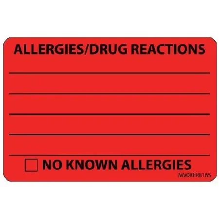 MedVision – Pre-Printed Label Allergy Alert Red Paper ALLERGIES/DRUG REACTIONS______/NO KNOWN ALLERGIES Black Alert Label 2 X 2-15/16 Inch – MV08FR8165