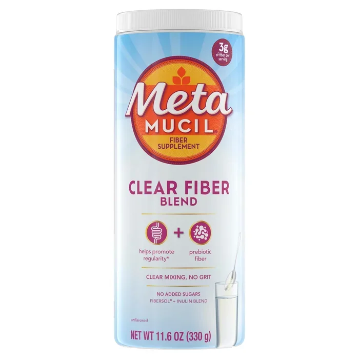 Metamucil Fiber Supplement, Unflavored Clear Mixing Powder, No Grit, No Sugar Added, Plant Based Prebiotic Fiber Blend for Daily Digestive Health, 75 teaspoons