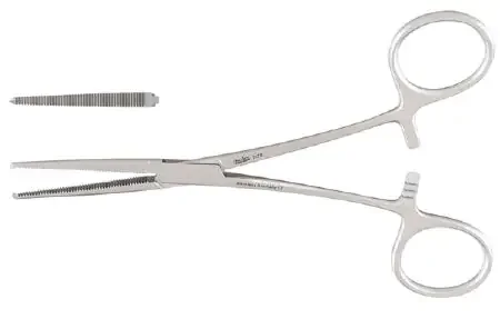 Miltex – Hemostatic Forceps Baby Ochsner 5-1/2 Inch Length OR Grade German Stainless Steel NonSterile Ratchet Lock Finger Ring Handle Straight Extra Delicate Serrated Tips with 1 X 2 Teeth – 7-70