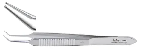 Miltex – Micro Corneal Suture Forceps McPherson 3-1/2 Inch Length OR Grade German Stainless Steel NonSterile NonLocking Thumb Handle Angled 0.2 mm Tips with 1 X 2 Teeth and Tying Platform – 18-838