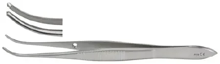Miltex – Tissue Forceps Iris 4 Inch Length OR Grade German Stainless Steel NonSterile NonLocking Thumb Handle Half Curved Serrated Tips with 1 X 2 Teeth – 18-788