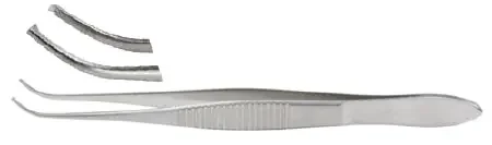 Miltex – Tissue Forceps Iris 4 Inch Length OR Grade German Stainless Steel NonSterile NonLocking Thumb Handle Half Curved Serrated Tips with 1 X 2 Teeth – 18-789