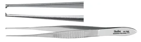 Miltex – Tissue Forceps Iris 4 Inch Length OR Grade German Stainless Steel NonSterile NonLocking Thumb Handle Straight Serrated Tips with 1 X 2 Teeth – 18-785