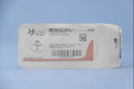 Monocryl – Suture with Needle Absorbable Uncoated Undyed Suture Monofilament Poliglecaprone Size 3 – 0 27 Inch Suture 1-Needle 26 mm Length 1/2 Circle Taper Point Needle – Y416H