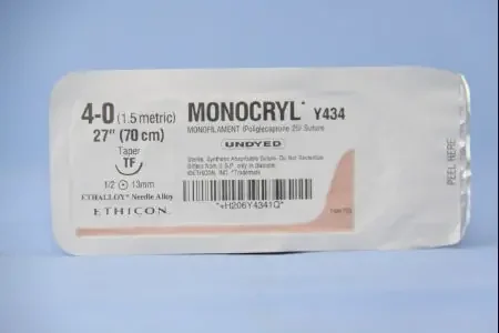 Monocryl – Suture with Needle Absorbable Uncoated Undyed Suture Monofilament Poliglecaprone Size 4 – 0 27 Inch Suture 1-Needle 13 mm Length 1/2 Circle Taper Point Needle – Y434H
