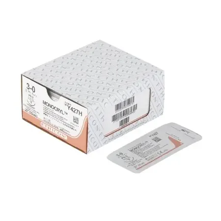 Monocryl – Suture with Needle Absorbable Uncoated Undyed Suture Monofilament Poliglecaprone Size 3 – 0 27 Inch Suture 1-Needle 19 mm Length 3/8 Circle Precision Point – Reverse Cutting Needle – Y427H