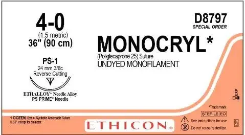 Monocryl – Suture with Needle Absorbable Uncoated Undyed Suture Monofilament Poliglecaprone Size 4 – 0 36 Inch Suture 1-Needle 24 mm Length 3/8 Circle Precision Point – Reverse Cutting Needle – D8797