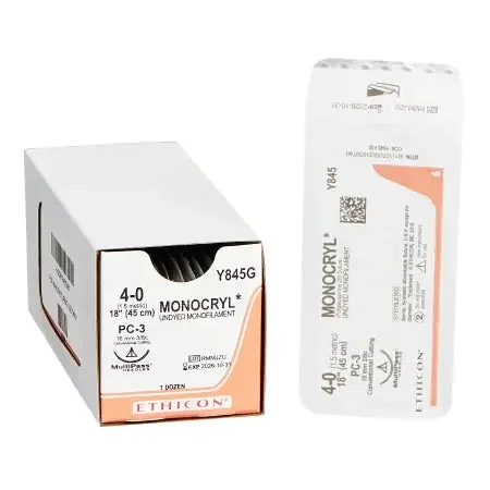 Monocryl – Suture with Needle Absorbable Uncoated Undyed Suture Monofilament Poliglecaprone Size 4 – 0 18 Inch Suture 1-Needle 16 mm Length 3/8 Circle Precision Cosmetic – Conventional Cutting PRIME Needle – Y845G