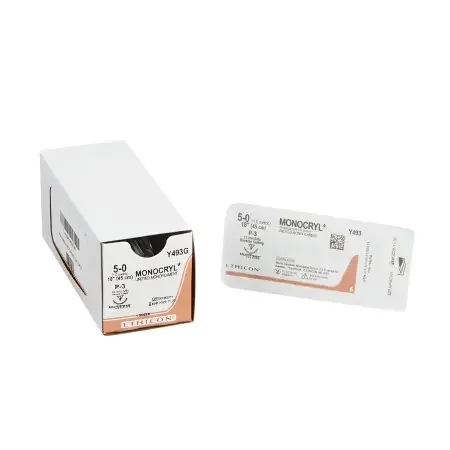 Monocryl – Suture with Needle Absorbable Uncoated Undyed Suture Monofilament Poliglecaprone Size 5 – 0 18 Inch Suture 1-Needle 13 mm Length 3/8 Circle Precision Point – Reverse Cutting Needle – Y493G