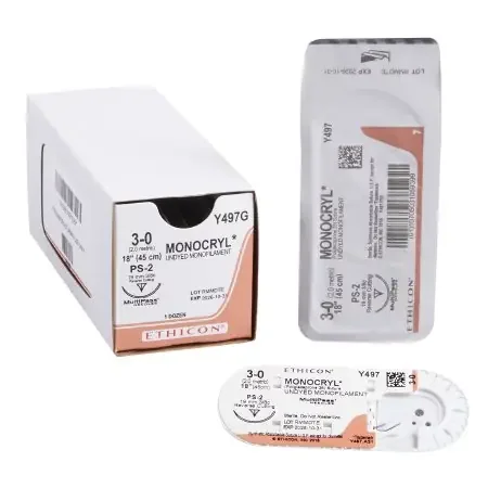 Monocryl – Suture with Needle Absorbable Uncoated Undyed Suture Monofilament Poliglecaprone Size 3 – 0 18 Inch Suture 1-Needle 19 mm Length 3/8 Circle Precision Point – Reverse Cutting Needle – Y497G