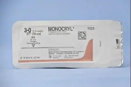 Monocryl – Suture with Needle Absorbable Uncoated Undyed Suture Monofilament Poliglecaprone Size 3 – 0 27 Inch Suture 1-Needle 60 mm Length Straight Conventional Cutting Needle – Y523H