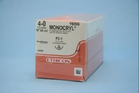 Monocryl – Suture with Needle Absorbable Uncoated Undyed Suture Monofilament Poliglecaprone Size 4 – 0 18 Inch Suture 1-Needle 13 mm Length 3/8 Circle Precision Cosmetic – Conventional Cutting PRIME Needle – Y835G