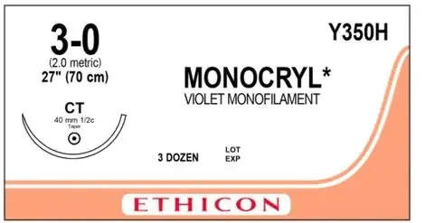 Monocryl – Suture with Needle Absorbable Uncoated Violet Suture Monofilament Poliglecaprone Size 3 – 0 27 Inch Suture 1-Needle 40 mm Length 1/2 Circle Taper Point Needle – Y350H