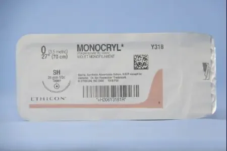 Monocryl – Suture with Needle Absorbable Uncoated Violet Suture Monofilament Poliglecaprone Size 0 27 Inch Suture 1-Needle 26 mm Length 1/2 Circle Taper Point Needle – Y318H