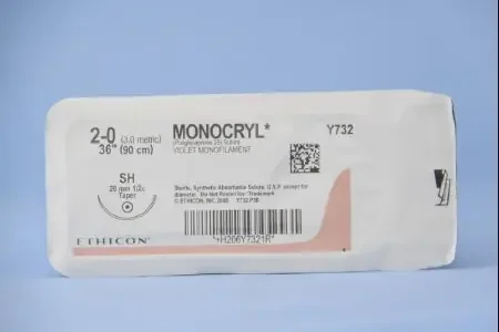 Monocryl – Suture with Needle Absorbable Uncoated Violet Suture Monofilament Poliglecaprone Size 2 – 0 36 Inch Suture 1-Needle 26 mm Length 1/2 Circle Taper Point Needle – Y732H