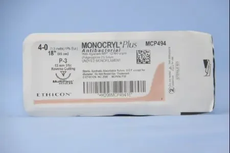 Monocryl Plus – Antibacterial Suture with Needle Absorbable Uncoated Undyed Suture Poliglecaprone 25 with Irgacare MP Antibacterial Suture Size 4 – 0 18 Inch Suture 1-Needle 13 mm Length 3/8 Circle Reverse Cutting Needle – MCP494G