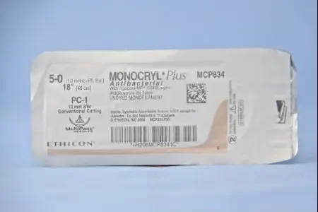 Monocryl Plus – Antibacterial Suture with Needle Absorbable Uncoated Undyed Suture Poliglecaprone 25 with Irgacare MP Antibacterial Suture Size 5 – 0 18 Inch Suture 1-Needle 13 mm Length 3/8 Circle Conventional Cutting Needle – MCP834G