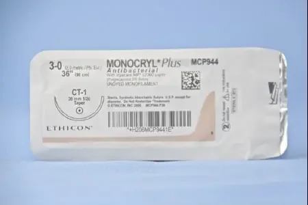Monocryl Plus – Antibacterial Suture with Needle Absorbable Uncoated Undyed Suture Poliglecaprone 25 with Irgacare MP Antibacterial Suture Size 3 – 0 36 Inch Suture 1-Needle 36 mm Length 1/2 Circle Taper Point Needle – MCP944H